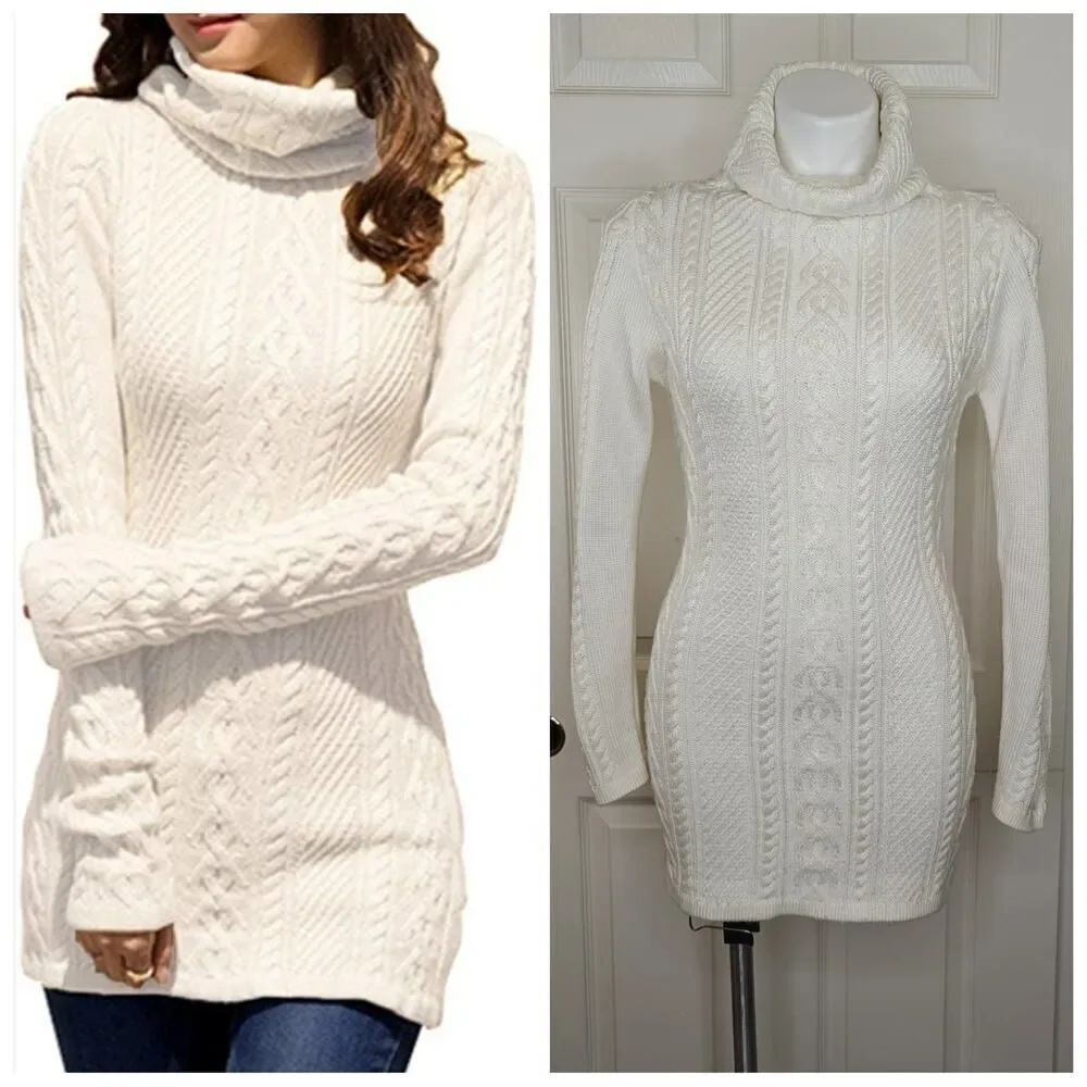 Cable knit cream turtleneck long sleeve sweater tunic sz S